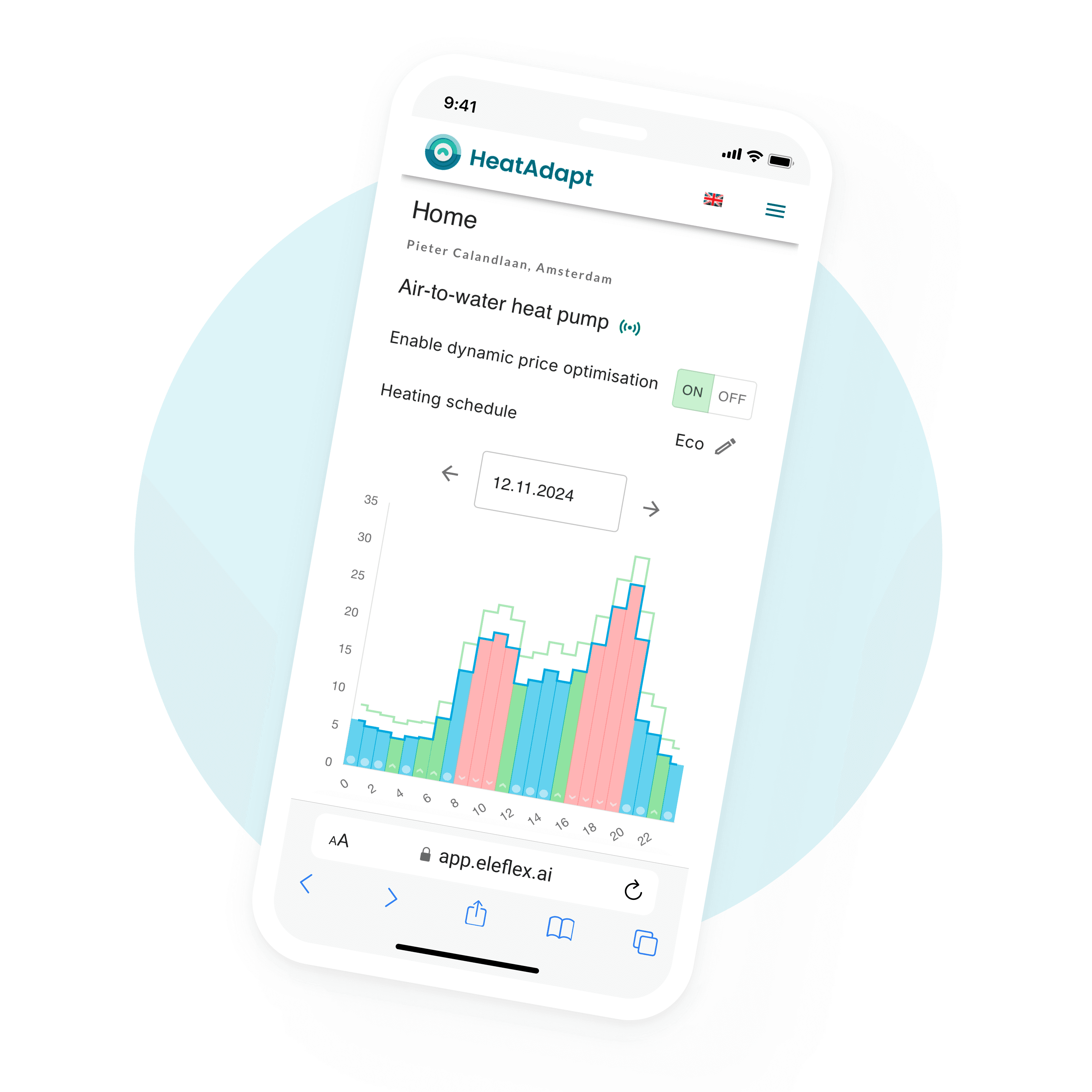 HeatAdapt mobilioji programėlė, rodanti rytojaus šildymo grafiką